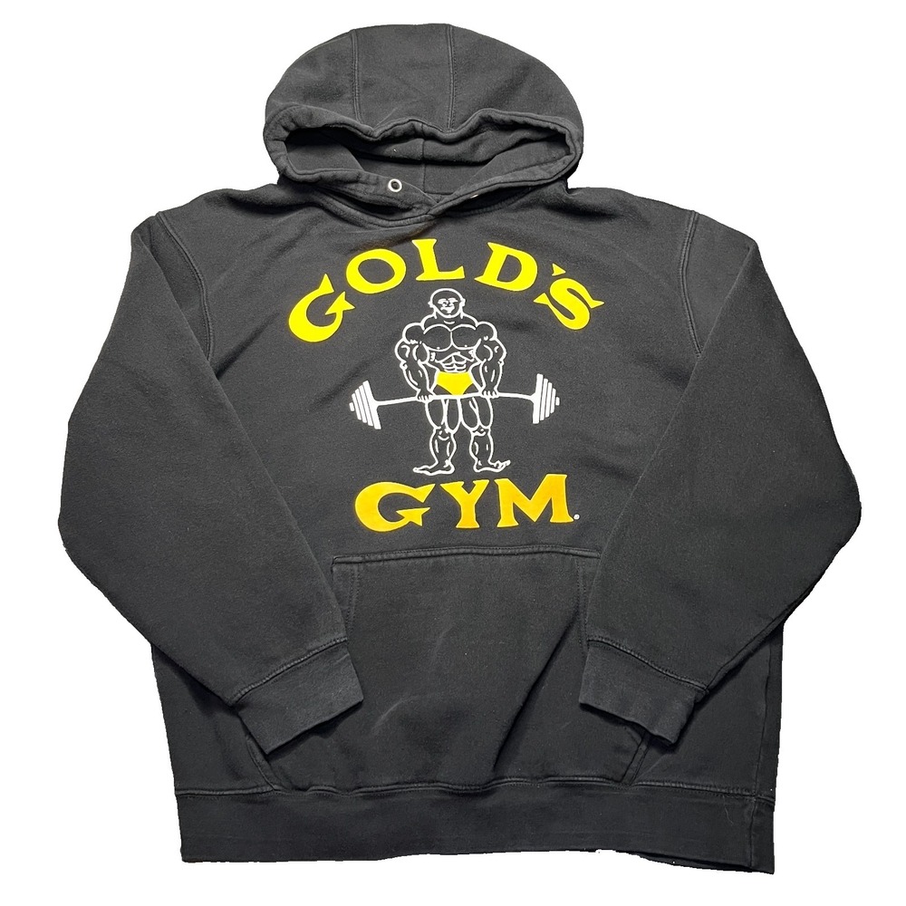 Vintage Y2K Gold's Gym Hoodie Size Large Black Heavyweight Pullover Sweatshirt